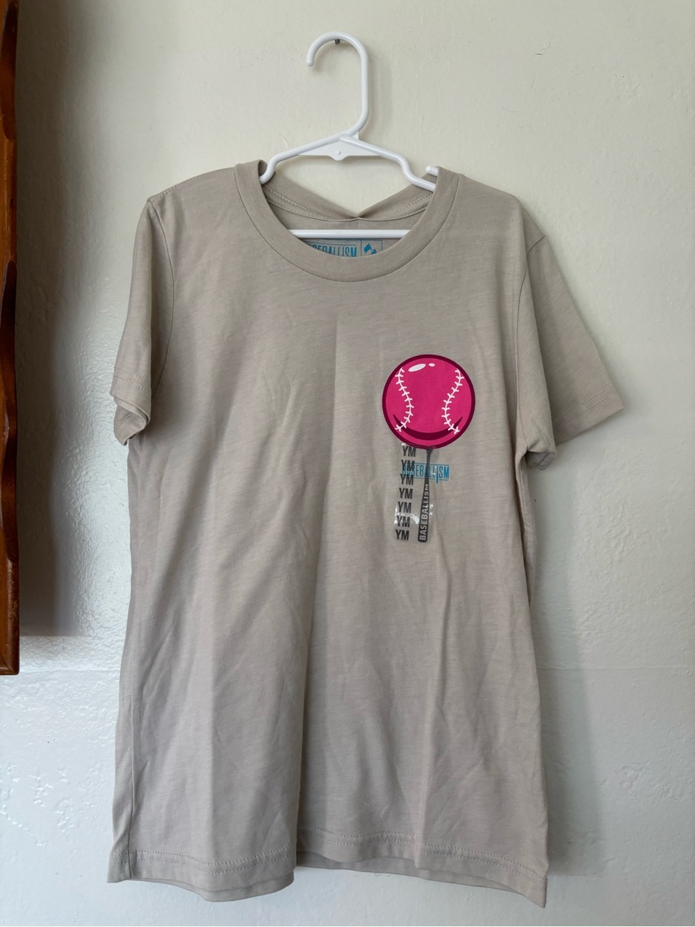 Kids Short Sleeve Tee with Pink Baseball Graphic - Taupe